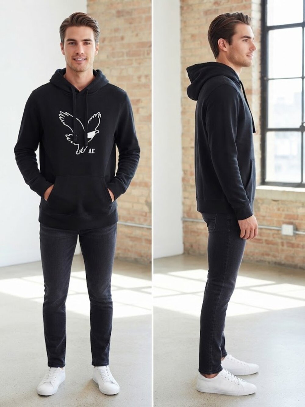 American Eagle Black Hooded with Front Pocket Men's Sweatshirt - Size Large